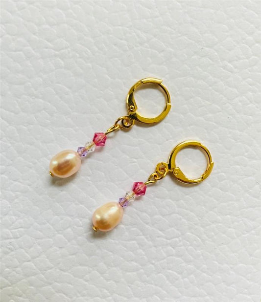Elegant Pearl and pink Crystal Drop Earrings